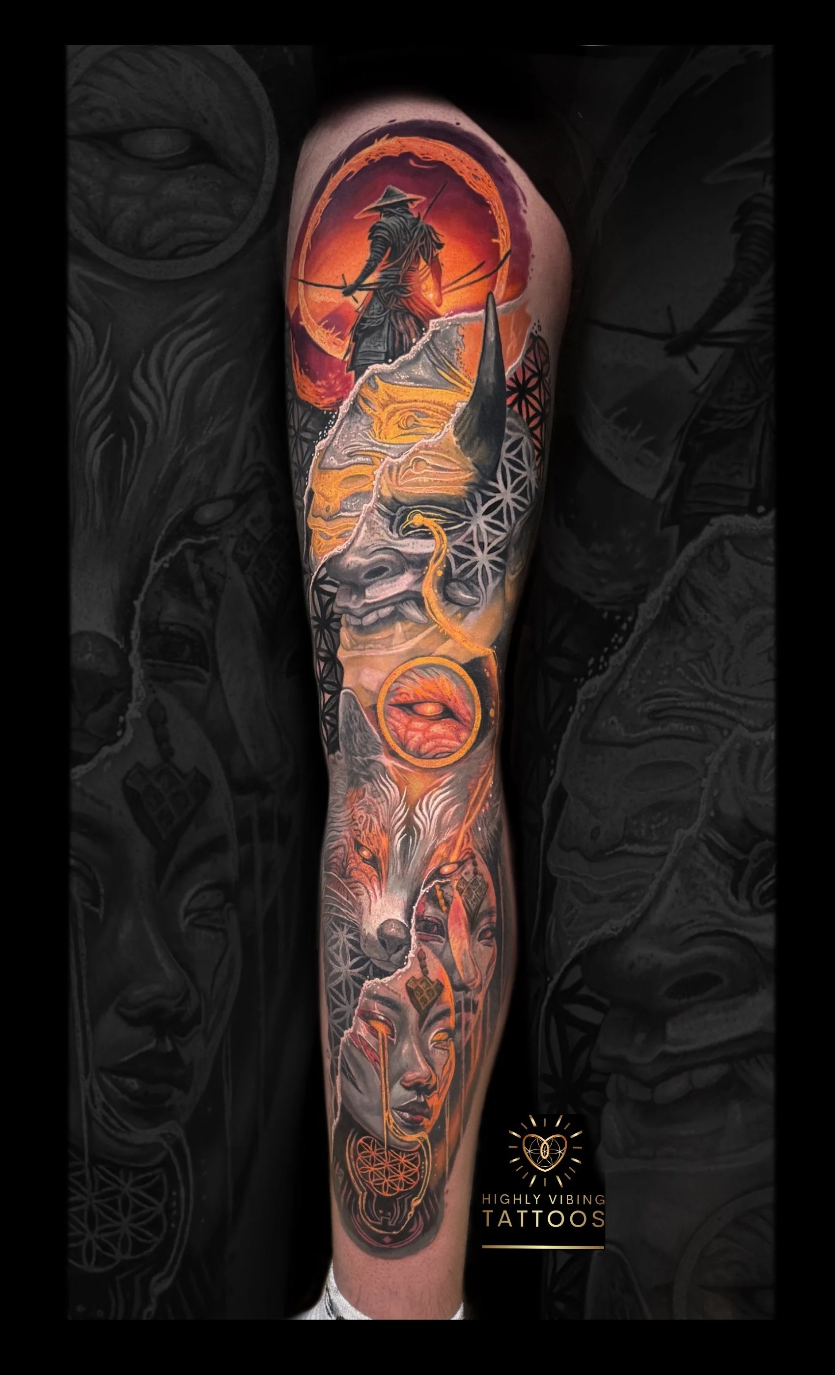Colorful tattoo sleeve featuring a samurai warrior with a red sun, a tiger, a woman with long hair, and intricate geometric patterns. Daniel Armitage, Calgary Alberta, Surrealist Tattoo Artist, YYC