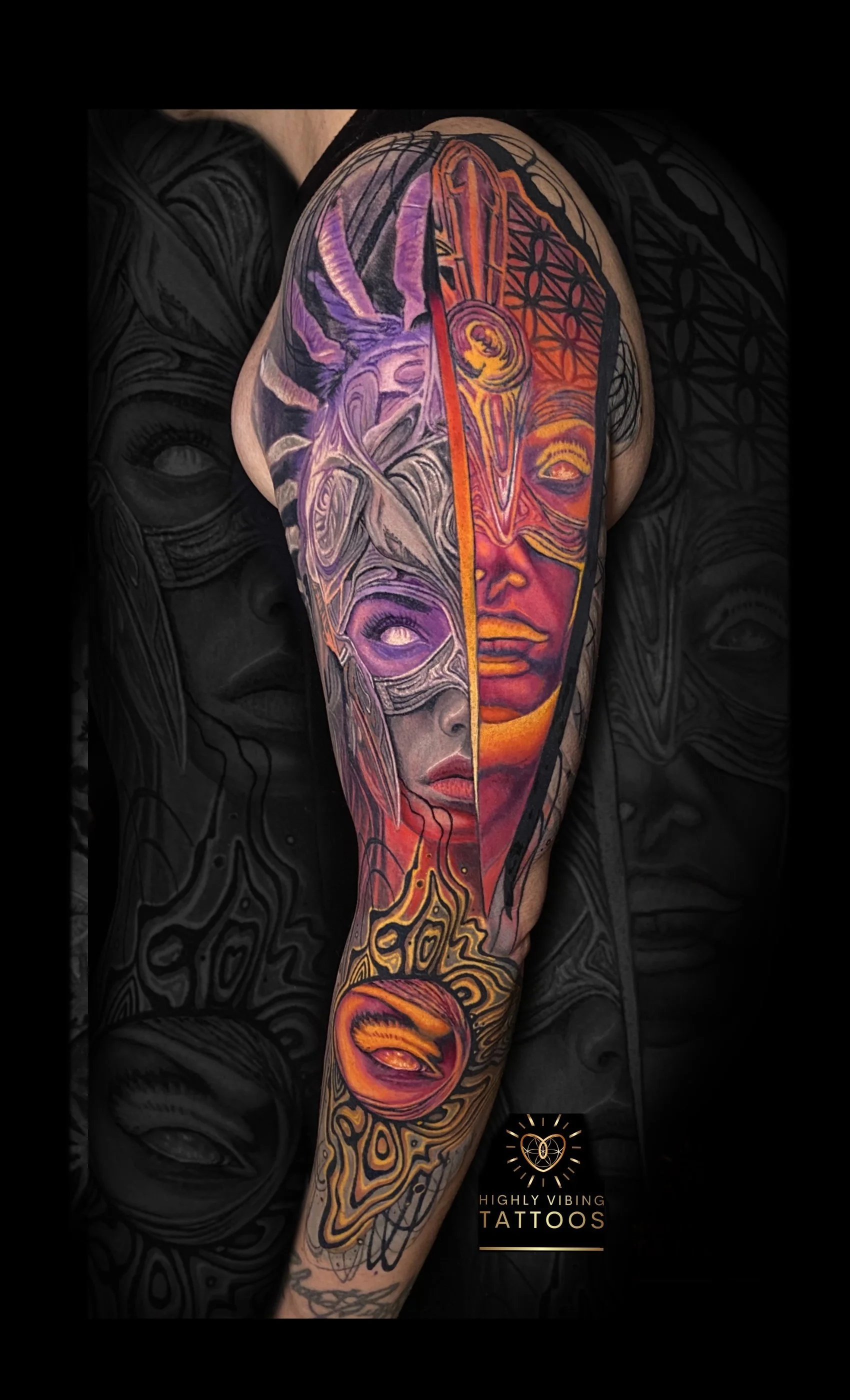 Daniel Armitage, Calgary Alberta, Surrealist Tattoo Artist, YYC Colorful tattoo sleeve featuring faces, abstract patterns, and geometric designs on a person's arm.