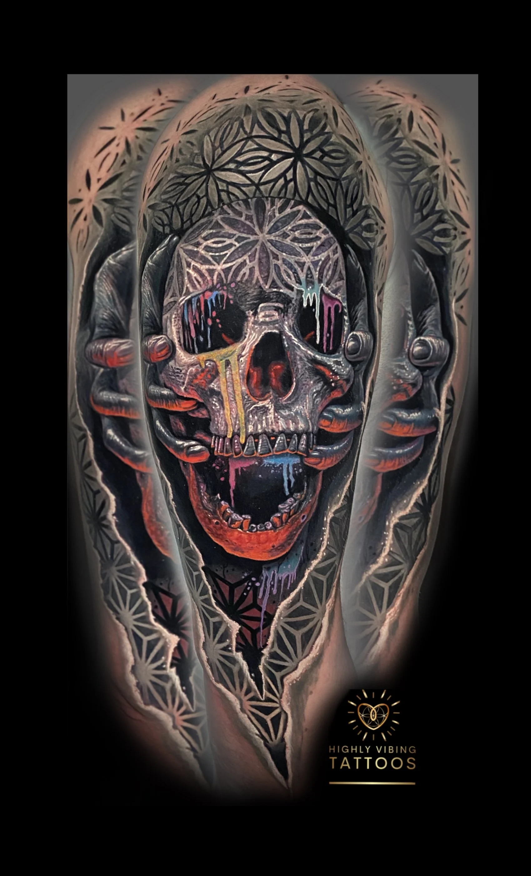 Tattoo artwork featuring a skull with melting colorful elements on the face, surrounded by geometric patterns and hands holding the skull, with a black background and promotional text 'Highly Vibing Tattoos' at the bottom. Daniel Armitage, Calgary 