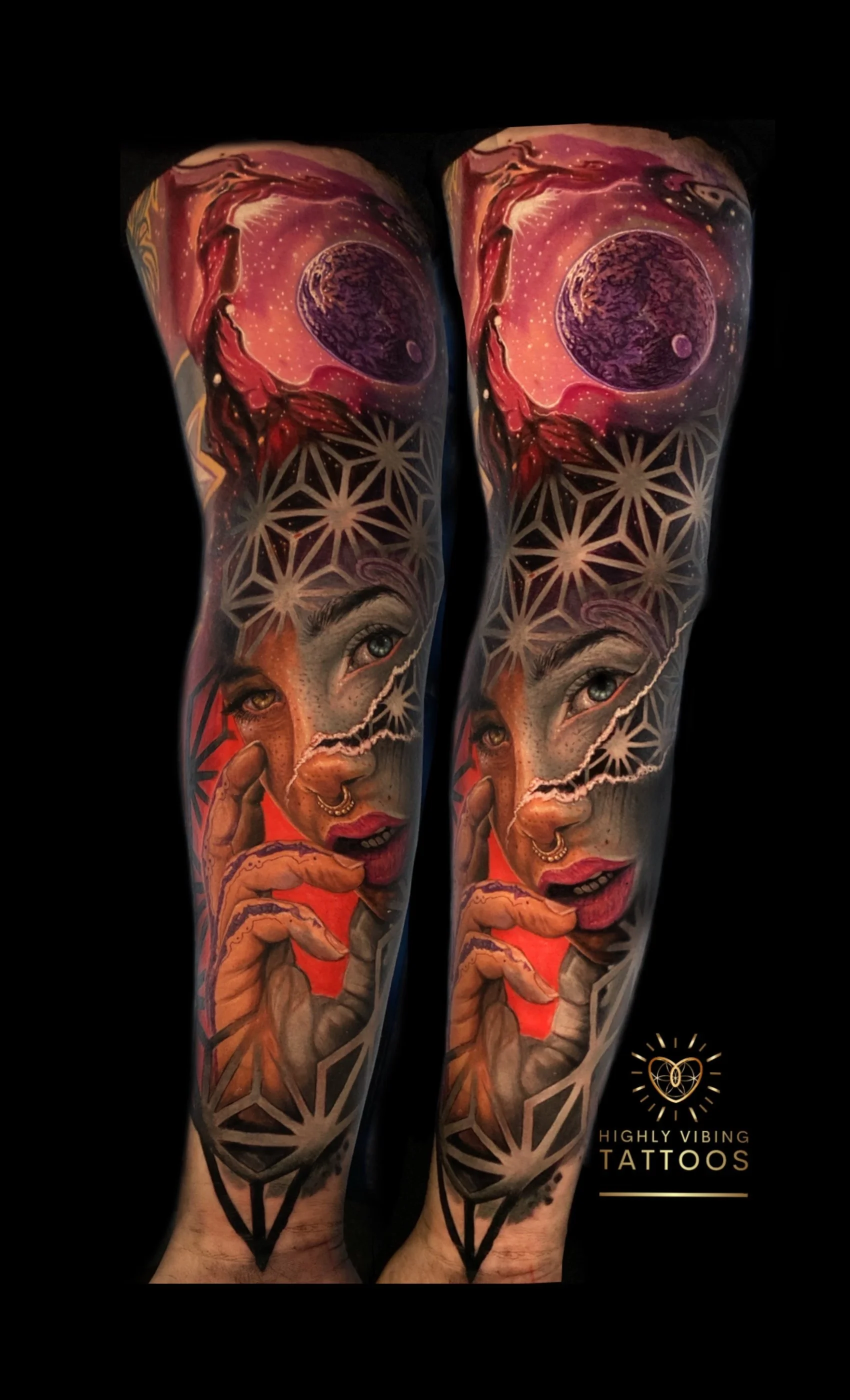Colorful tattoo sleeve featuring a woman with freckles, green eyes, and pink lips, with cosmic elements, geometric patterns, and a planetary scene on the upper arm. Daniel Armitage, Calgary Alberta, Surrealist Tattoo Artist, YYC