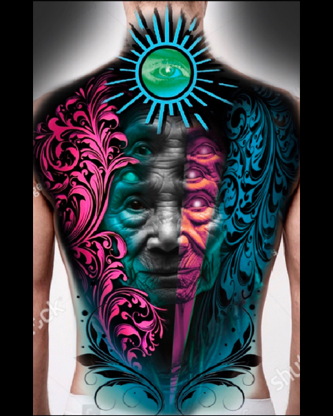 Tattoo sleeve on a person's chest featuring a blended design of elderly faces and colorful swirling patterns in pink, blue, and purple, with a bright blue and green eye symbol at the top center. Daniel Armitage, Calgary Alberta, Surrealist Tattoo Art