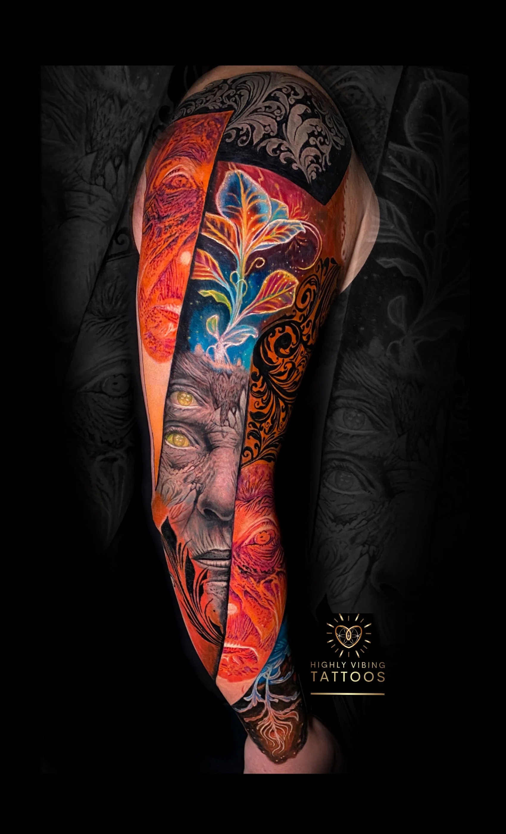Daniel Armitage, Calgary Alberta, Surrealist Tattoo Artist, YYC Colorful tattoo on a person's arm and torso, featuring a woman's face, swirling patterns, flowers, and abstract designs with vibrant orange, blue, and black colors.