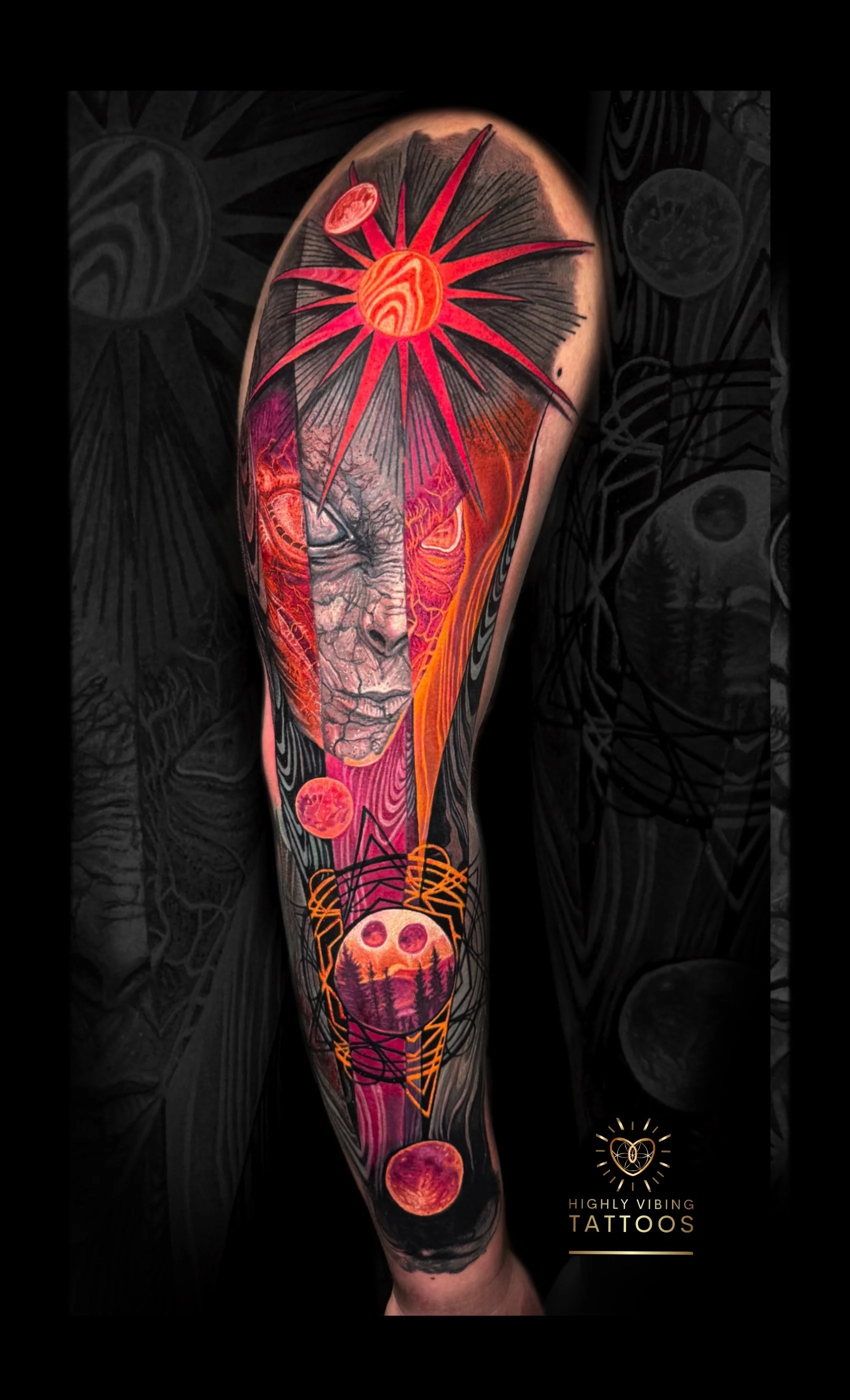 Colorful tattoo sleeve featuring cosmic and nature themes, including a prominent starburst, moons, trees, and circular patterns, with the logo "Highly Vibing Tattoos" at the bottom right. Daniel Armitage, Calgary Alberta, Surrealist Tattoo Artist, YY