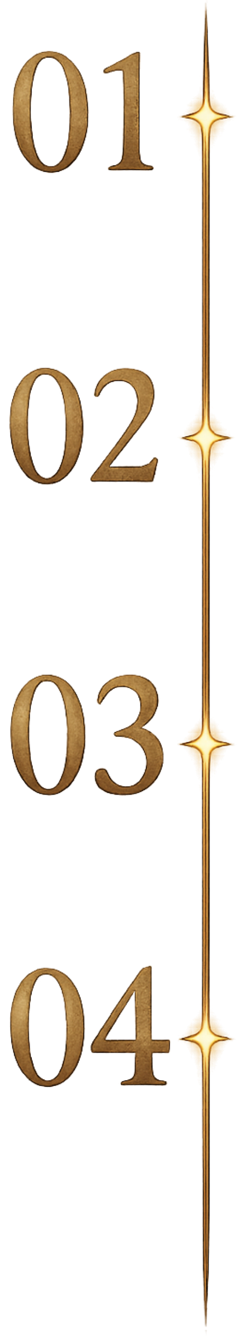 Golden numbered list from 01 to 04 with decorative stars