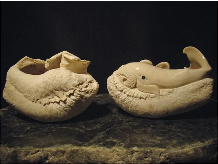 A pair of whale ear bones showing that the carved whale shape already existed in the raw bone