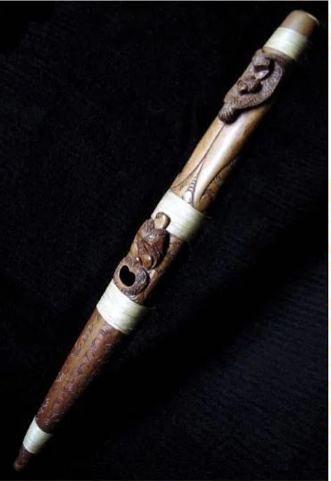 Pūtōrino decorated with male and female case moths 