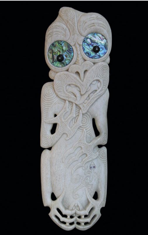 Homage to Hine nui te Pō, a whalebone carving by Owen Mapp