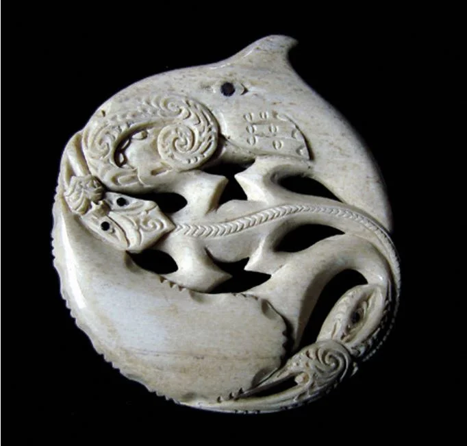 A carving depicting creatures associated with Rangitoto ki te Tonga (D’urville Island)