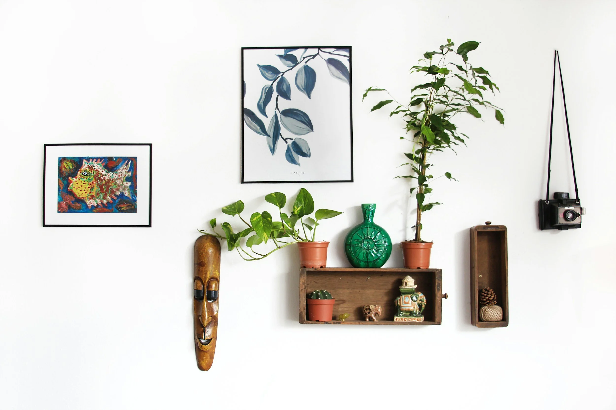 Decorative wall with framed artwork, potted plants, a wooden mask, a vintage camera, and small decorative objects on a wooden shelf.