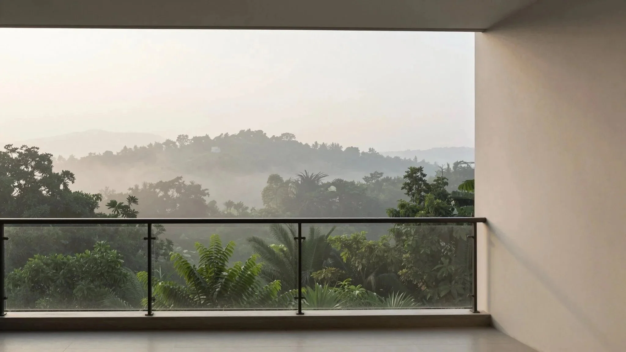View of lush green forest and distant hills through a large window from an indoor space with a balcony and a black metal railing.
