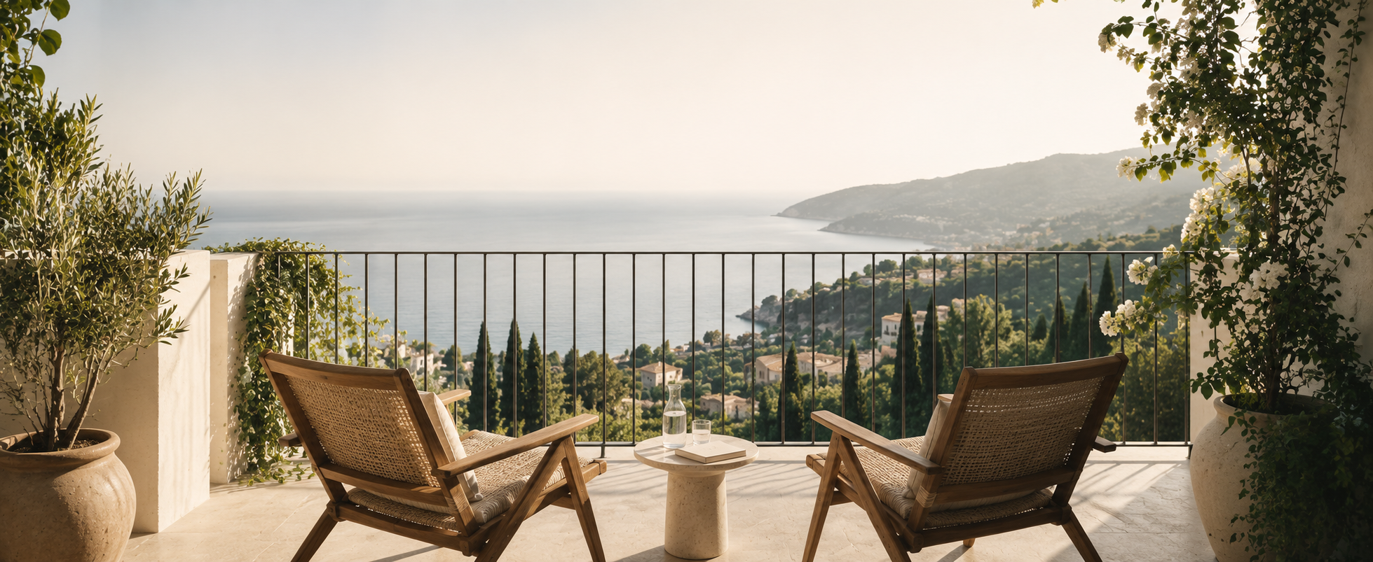 Two wooden chairs on a balcony overlooking a scenic coastal landscape with trees, houses, and mountains in the distance.