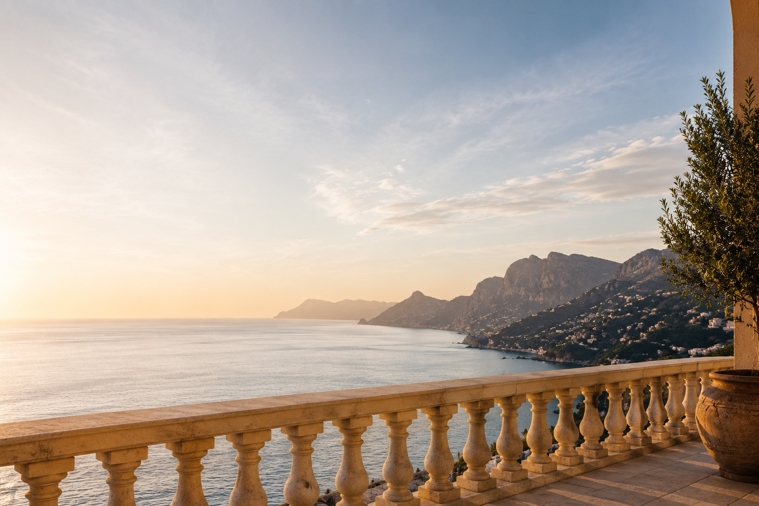 Sunset view of the coastline and mountains from a terrace with a beige balustrade and potted plant.