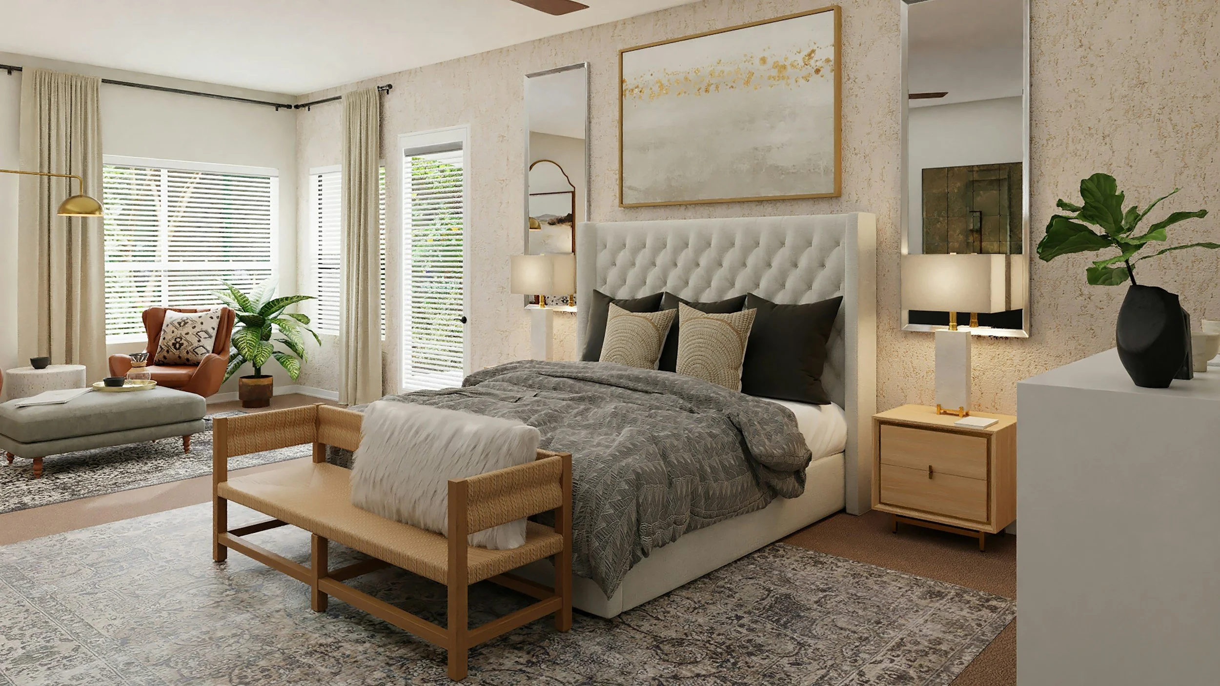 A modern bedroom with a white upholstered bed, bedside lamps, framed artwork, a black vase with a large green plant, beige curtains, a front chair with pillows, a dark patterned duvet, and various decorative items.