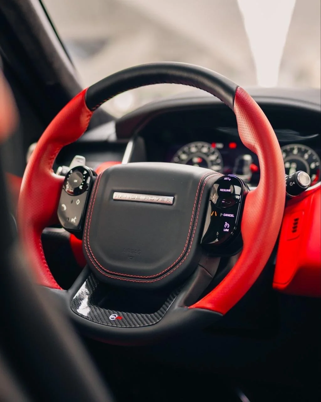 Range Rover Sport SVR red and black interior with SVR steering wheel – Dubai rental