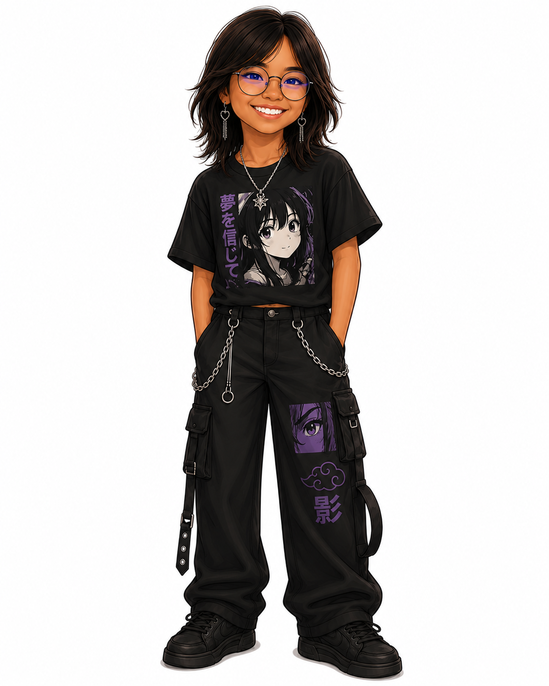 A young woman with medium-length dark hair, glasses, and earrings, dressed in black streetwear with anime-themed graphics, standing with her hands in her pockets against a white background.
