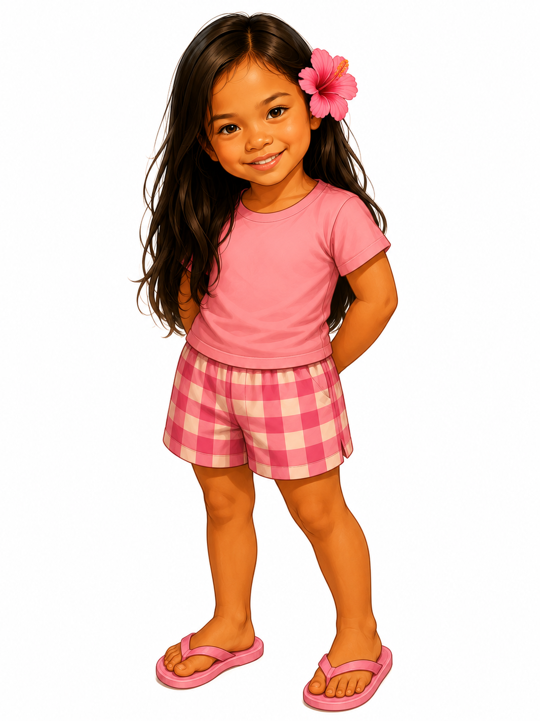 A young girl with long dark hair wearing a pink shirt, pink checkered shorts, pink flip-flops, and a pink hibiscus flower in her hair, standing against a white background.