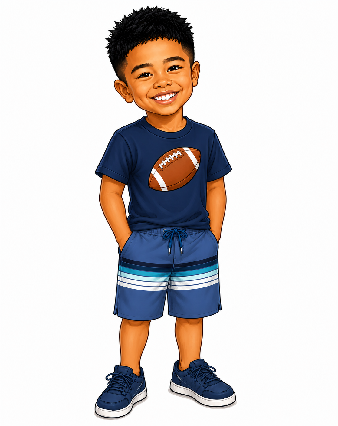 A young boy standing with hands in pockets, wearing a navy T-shirt with a football graphic, matching blue shorts with white and teal stripes, and blue sneakers, smiling at the camera.