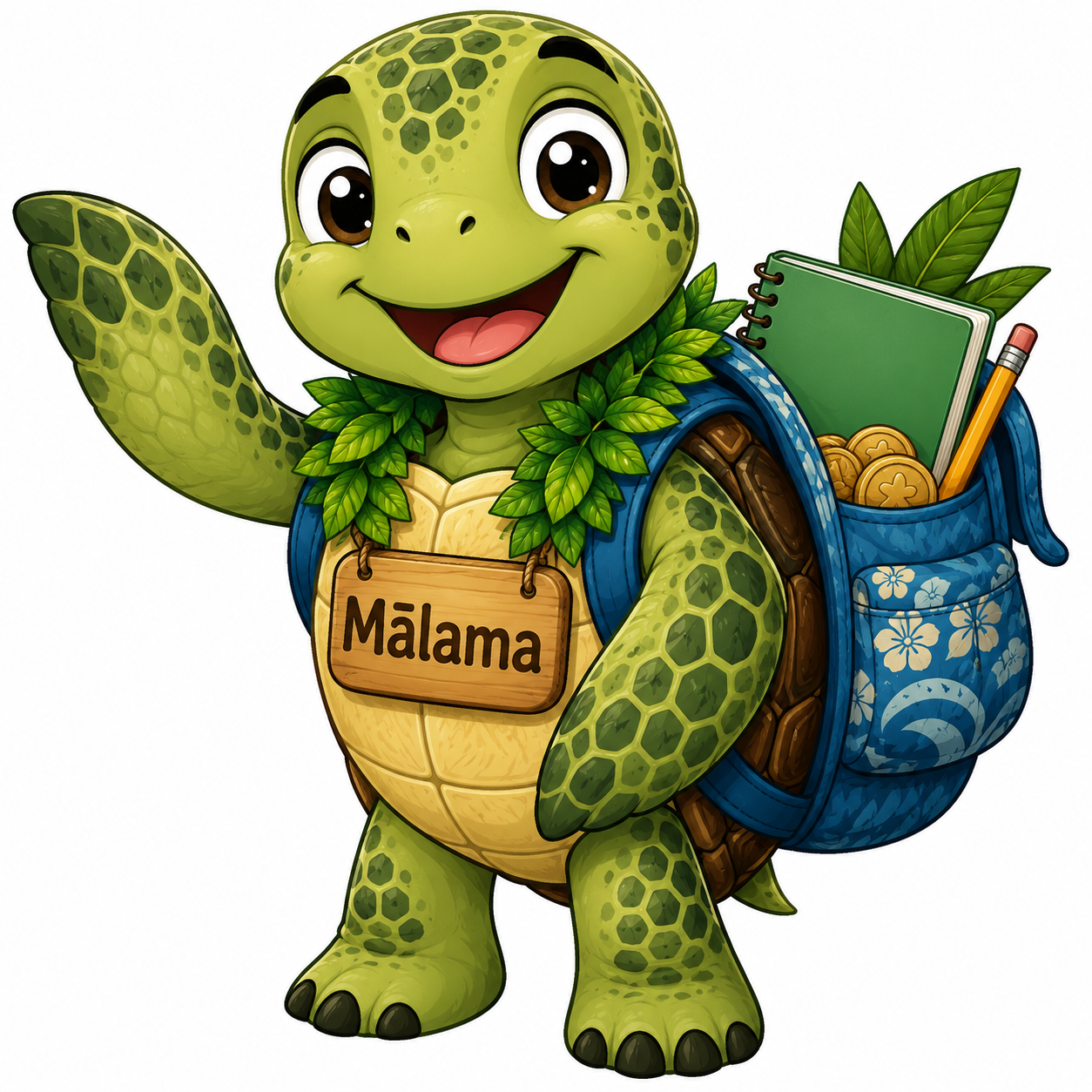 A cartoon turtle with a green shell and yellow underbelly, wearing a name tag reading 'Mālama,' a leafy necklace, and a blue backpack filled with school supplies including a green notebook, a pencil, and coins, happily waving.
