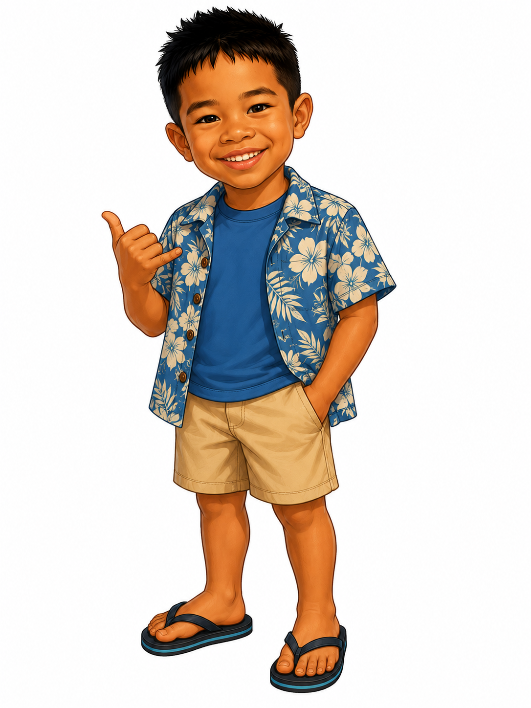 A young boy with short black hair smiling, wearing a blue Hawaiian shirt, blue t-shirt, beige shorts, and flip-flops, making a shaka sign with his right hand.