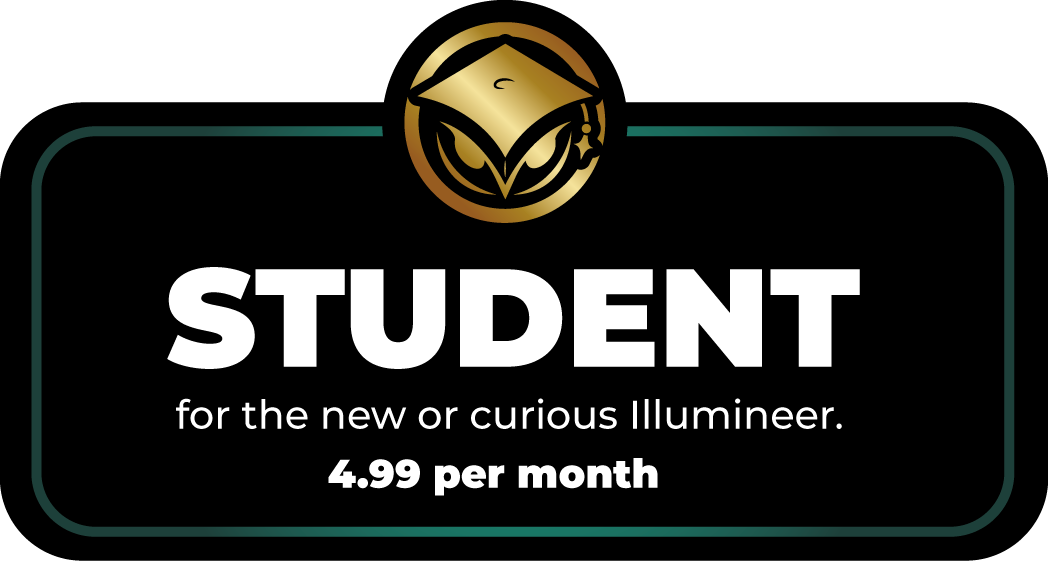 A promotional sign for students, offering a plan at $4.99 per month, with a black background, white text, and a gold owl logo at the top.