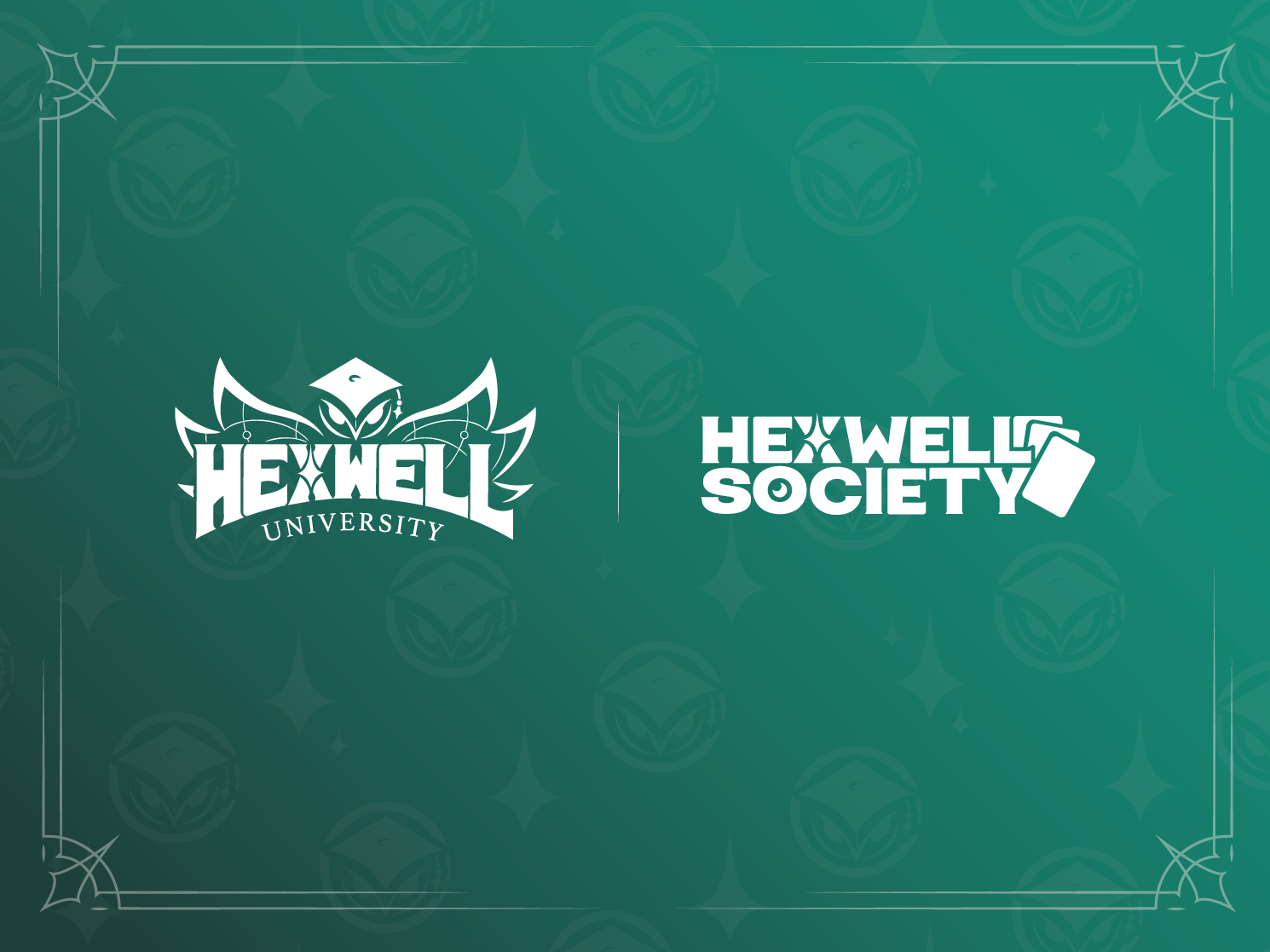 A teal background features the logos of Hewell University and Hewell Society, with the university's logo including an owl and the society's logo featuring a smartphone attached to a speech bubble, both in white.