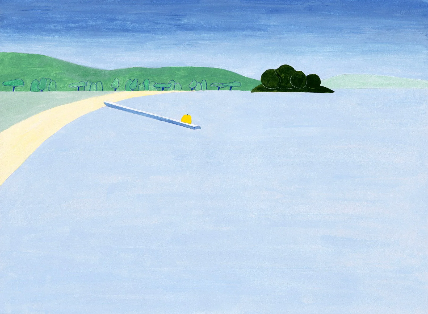 An aerial view of Naoshima's Yellow Pumpkin on the pier surrounded by blue water and distant blue mountains under a light blue sky.
