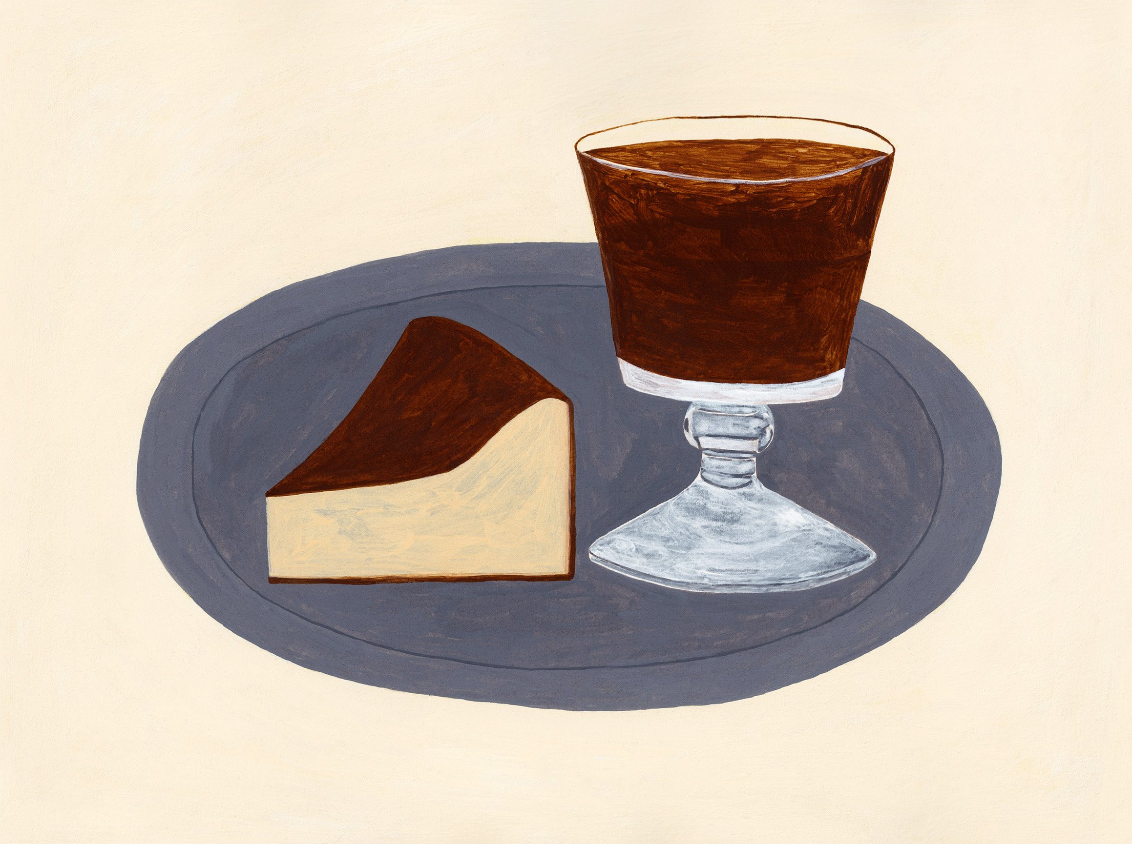 A painting of a glass of dark coffee a slice of basque cheese cake on a gray oval plate with a light background.
