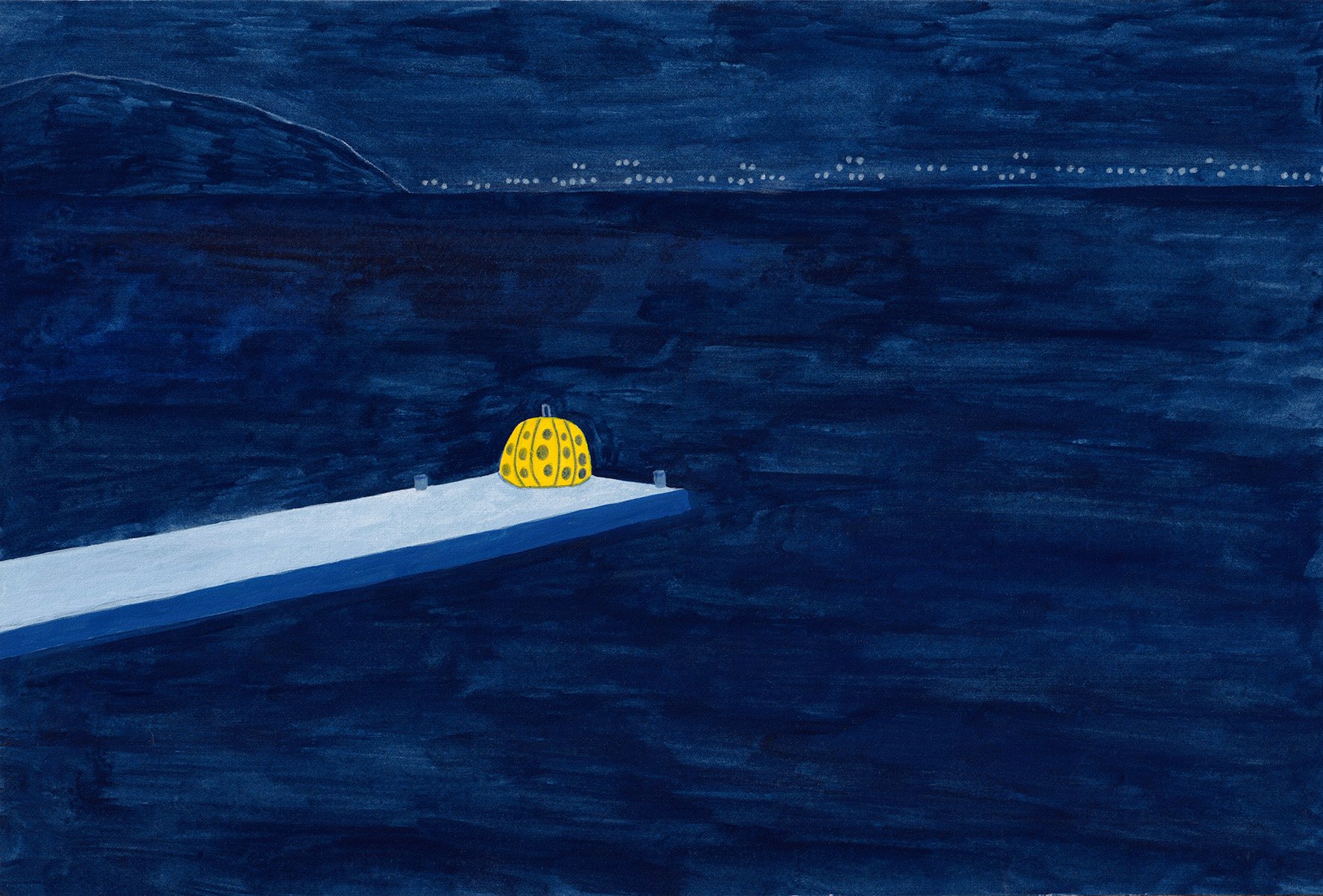 A painted night scene of Naoshima's Yellow Pumpkin with dark blue sky and water, a distant mountain and lights.