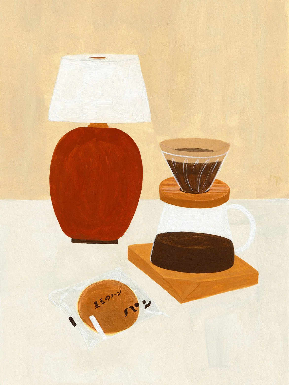 A still life painting of a table with a table lamp, a glass pour-over coffee maker, and a packaged dorayaki pancake, all set against a beige background.