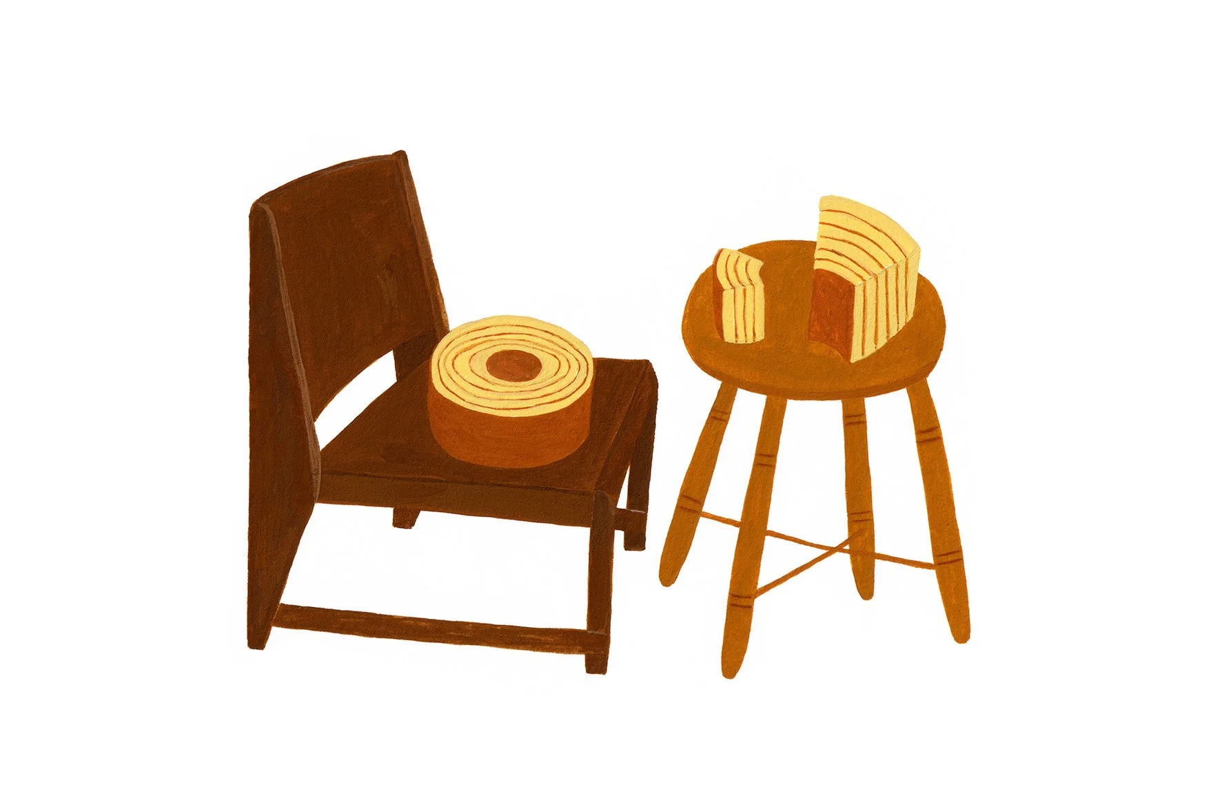 Illustration of two wooden chairs with baumkuchen cakes on them, one with a full baumkuchen cake on a chair and the other with pieces of baumkuchen on a stool.