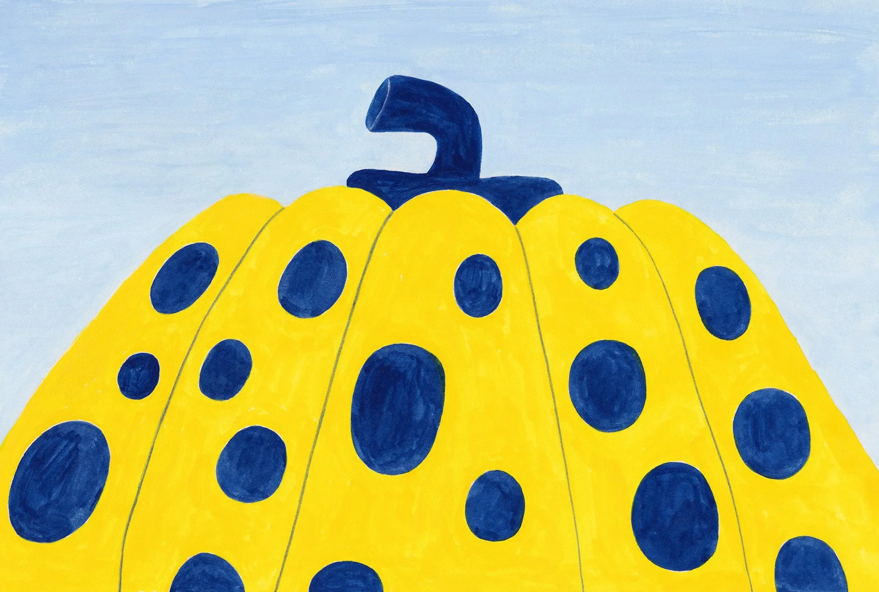 A super closeup view of Naoshima's Yellow Pumpkin against the backdrop of blue sky.
