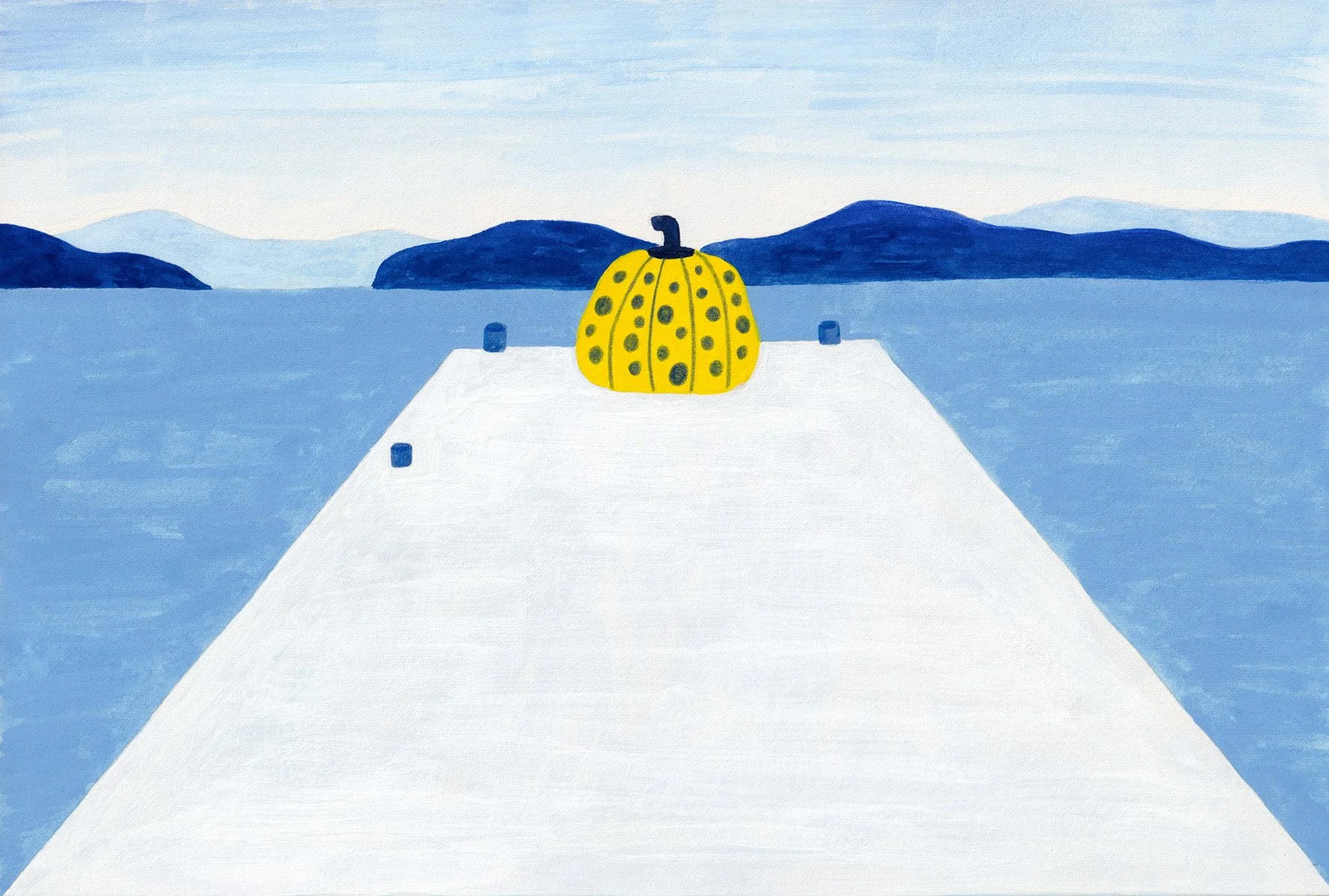 A painted view of Naoshima's Yellow Pumpkin, with the white-facing pier extending into a blue body of water with distant islands in the background. Yayoi Kusama's Yellow Pumpkin sits at the end of the pier.