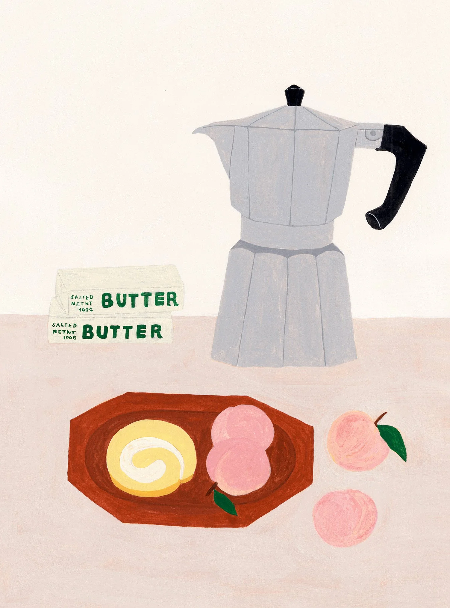 Painting of a moka pot on a plain background, with packages of salted butter and a plate of rolled cake nearby, and pink peaches with green leaves.
