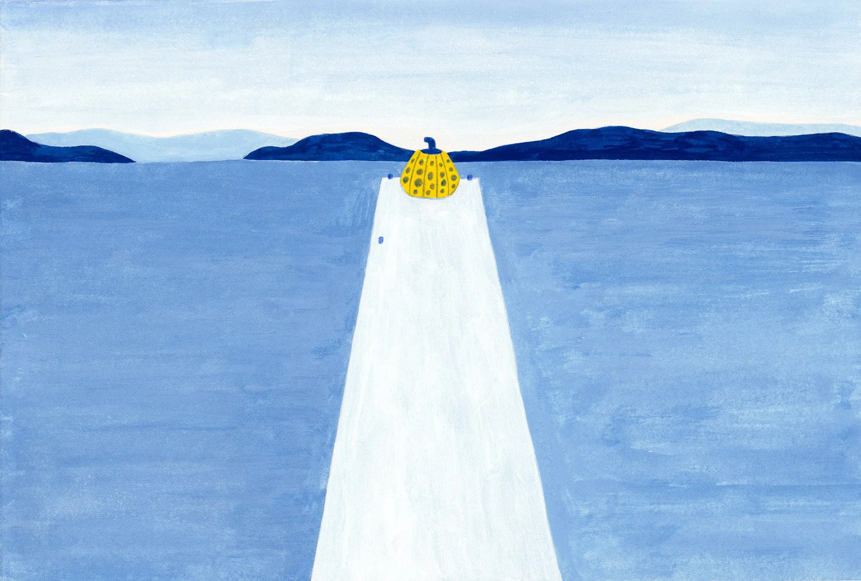 A view of Naoshima's Yellow Pumpkin on the pier surrounded by blue water and distant blue mountains under a light blue sky.