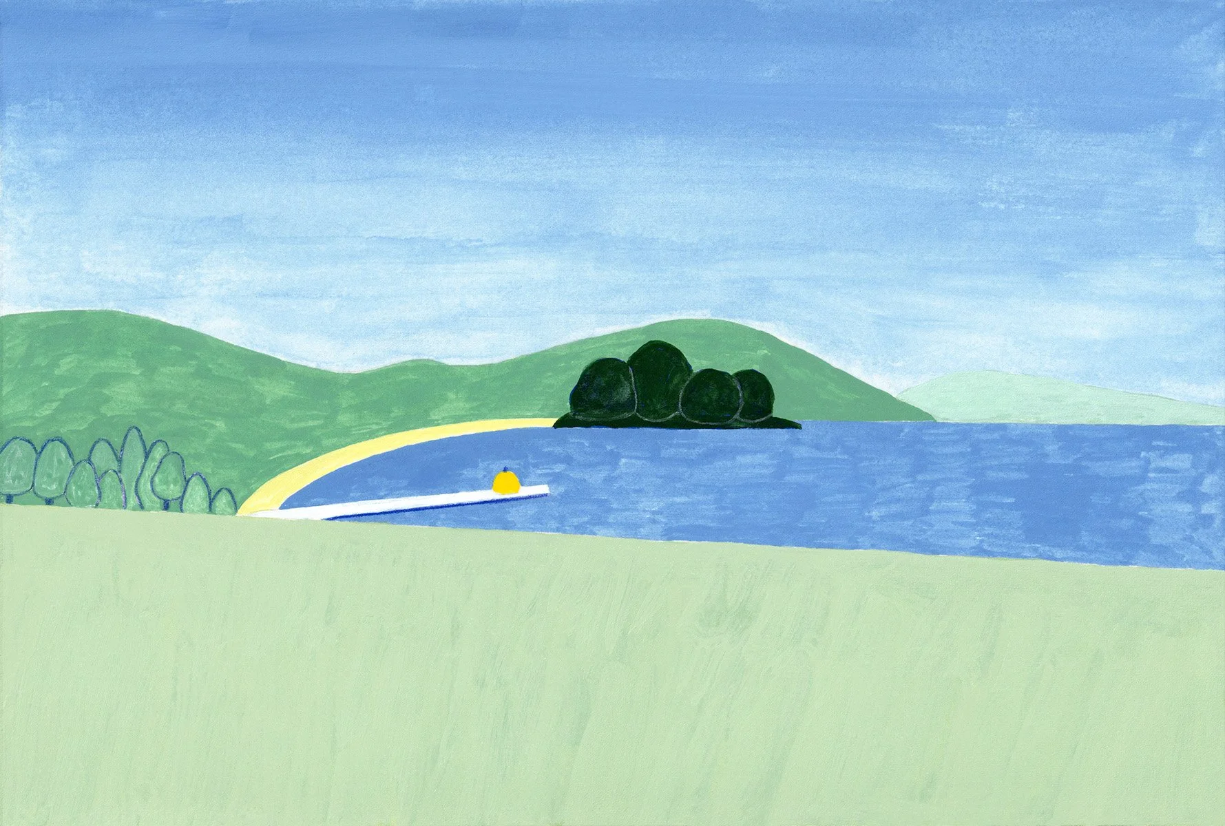 A faraway view of Naoshima's Yellow Pumpkin on the pier surrounded by blue water under a light blue sky.