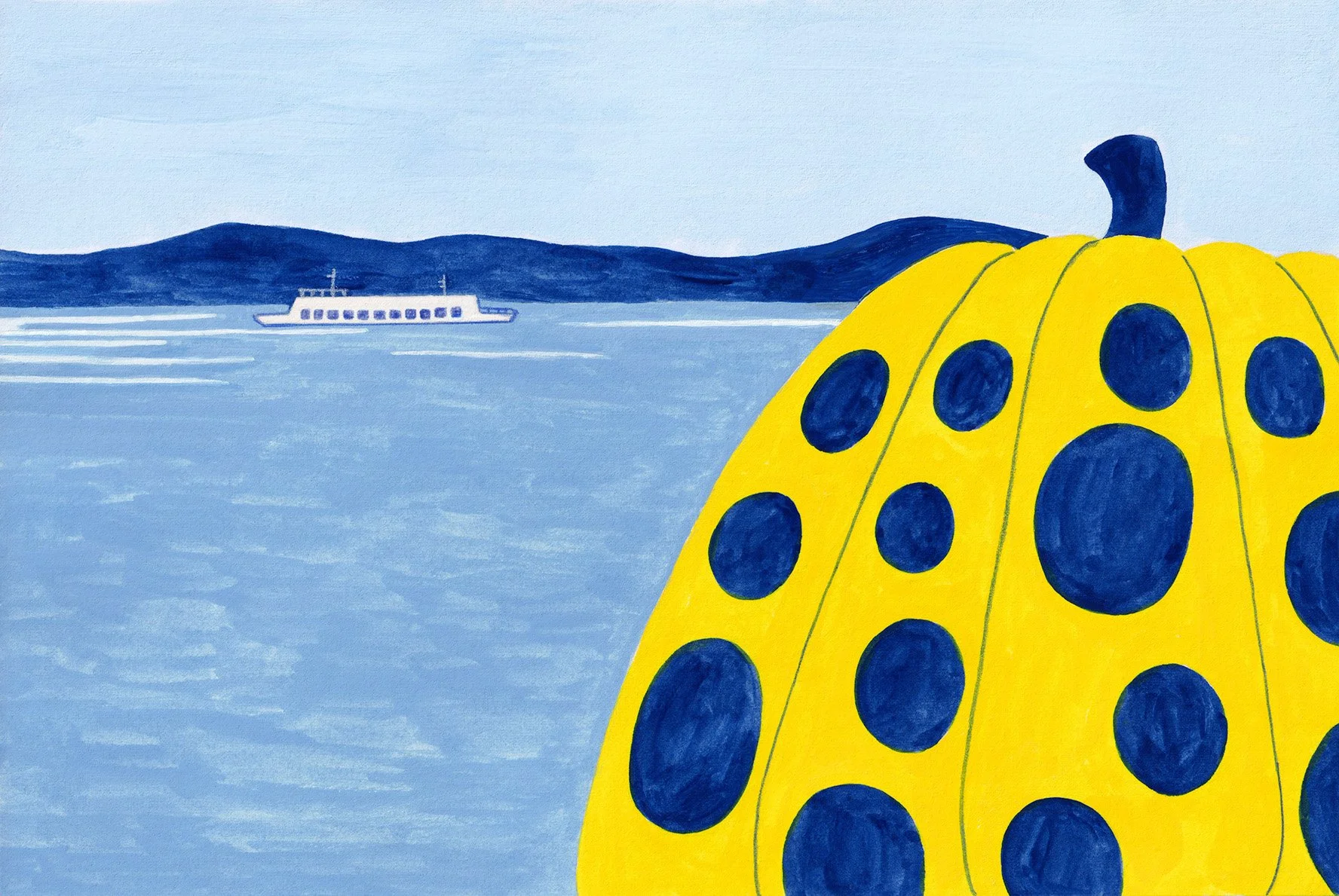 A view of Naoshima's Yellow Pumpkin on the pier surrounded by blue water and distant blue mountains under a light blue sky. A ferry is sailing in the sea.