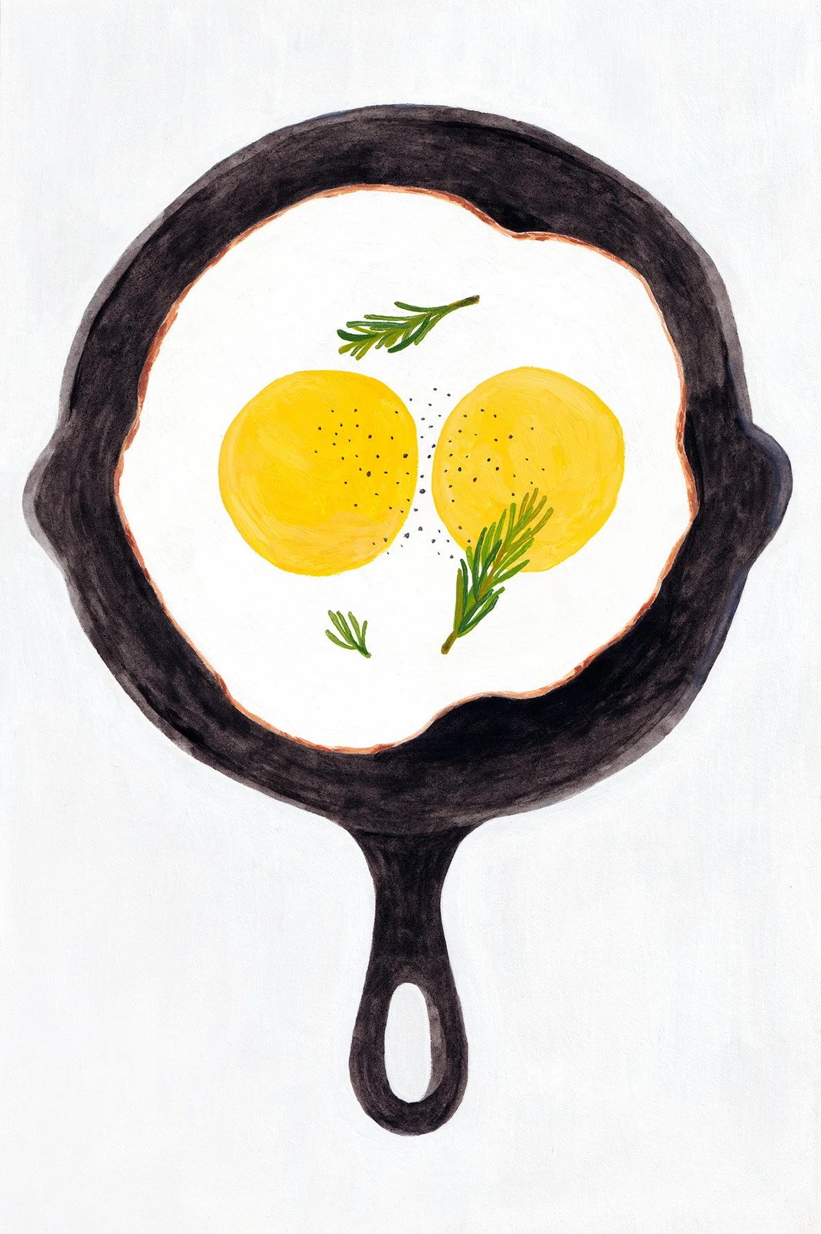 A painting of a cast iron skillet with two sunny-side-up eggs, green rosemary sprigs, and black pepper sprinkled on top.