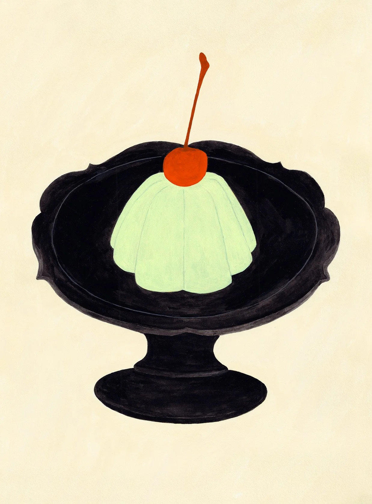 Painting of a black ornate pedestal holding a green pudding with a red cherry on top, against a pale beige background.
