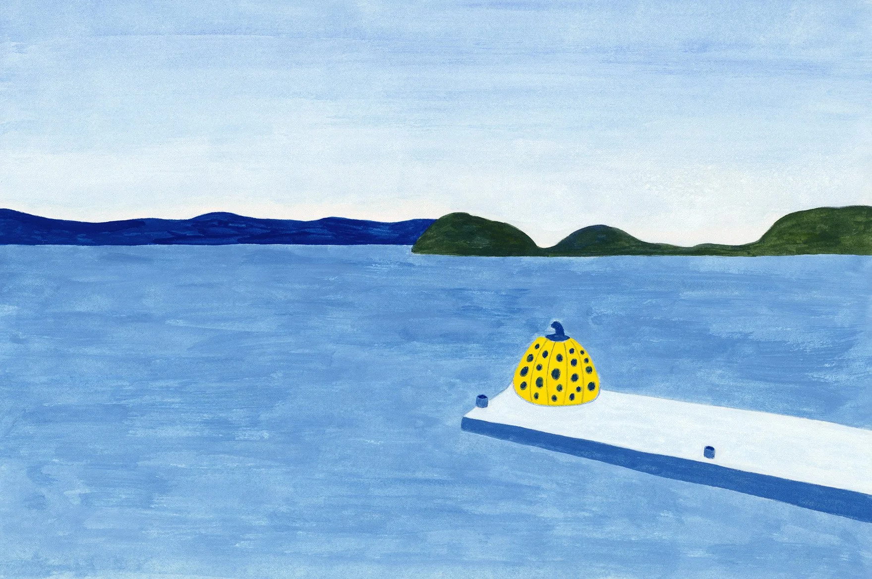 A view of Naoshima's Yellow Pumpkin on the pier. Green and blue hills in the background, under a light blue sky.