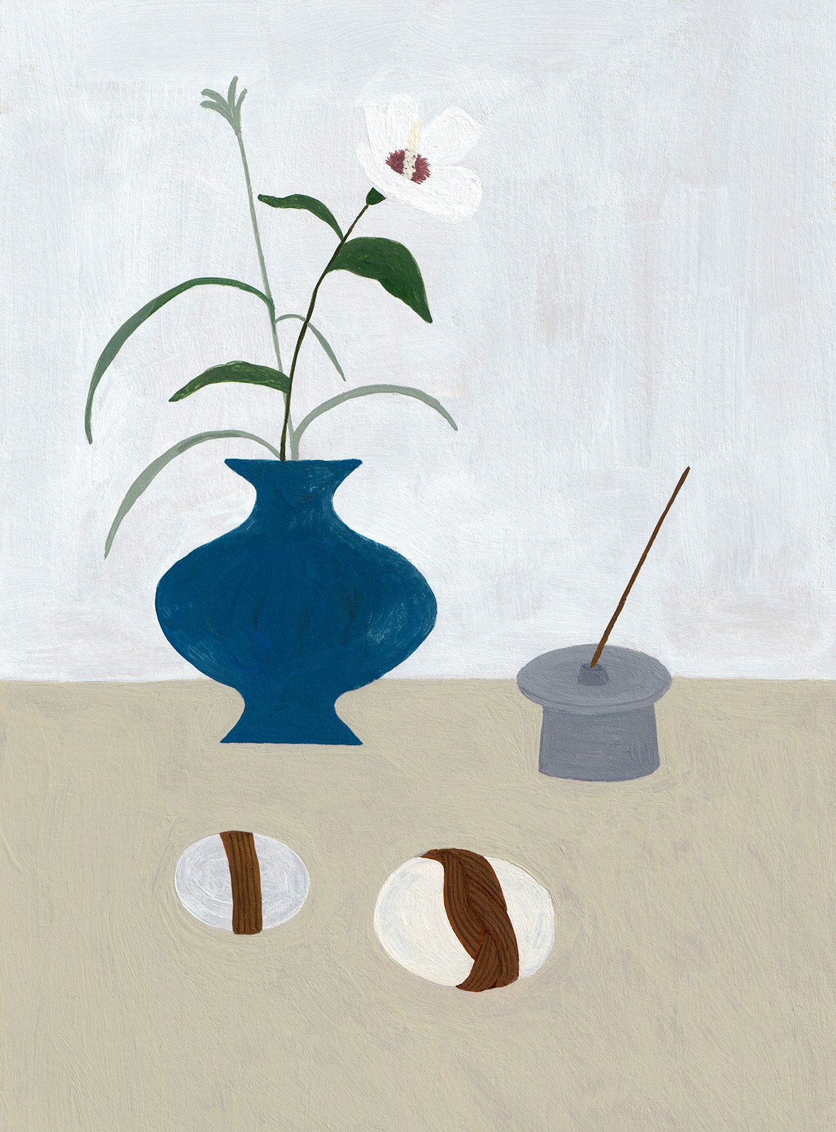 A still life painting featuring a blue vase with a white flower and green leaves, a gray incense holder with a stick, and two decorated rocks on a beige surface against a white background.