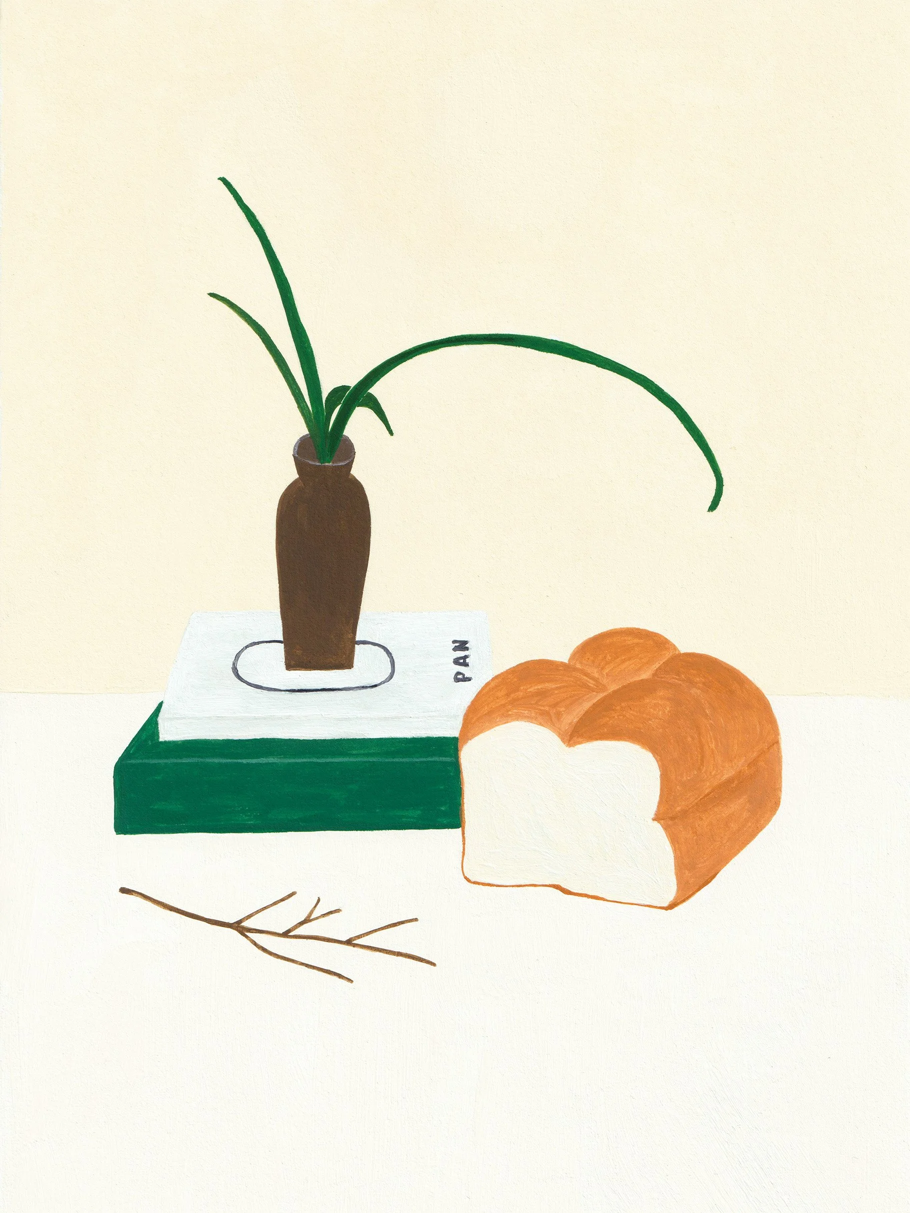 A simple illustration of a plant in a brown vase placed on a stack of two books, with a loaf of bread and a bare twig nearby.