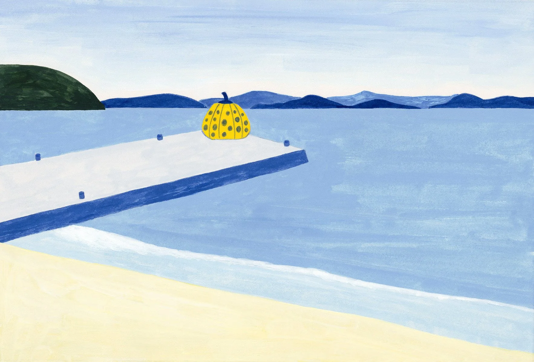A view of Naoshima's Yellow Pumpkin on the pier surrounded by blue water and distant blue mountains under a light blue sky, with light yellow sandy beach.