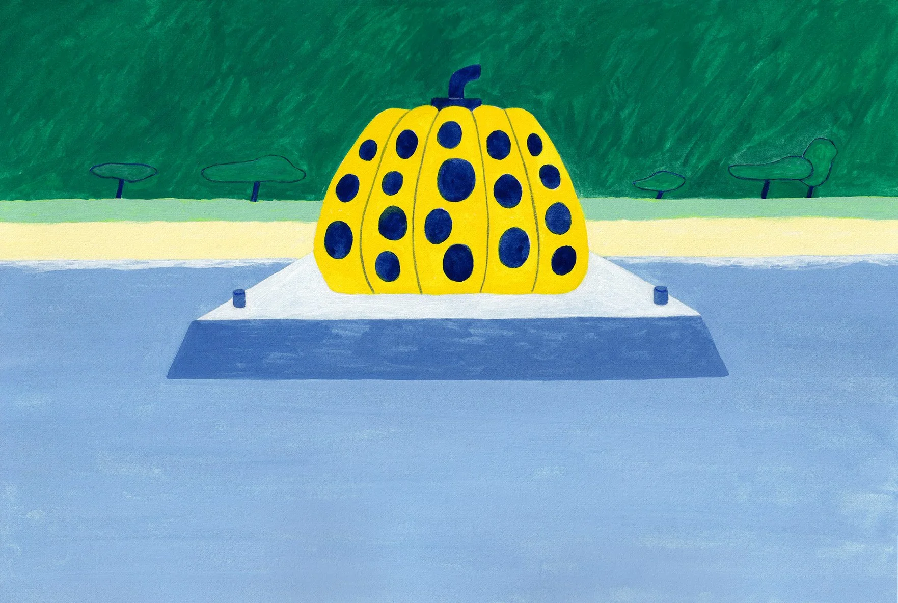 A view of Naoshima's Yellow Pumpkin on the pier against a green backdrop of trees.