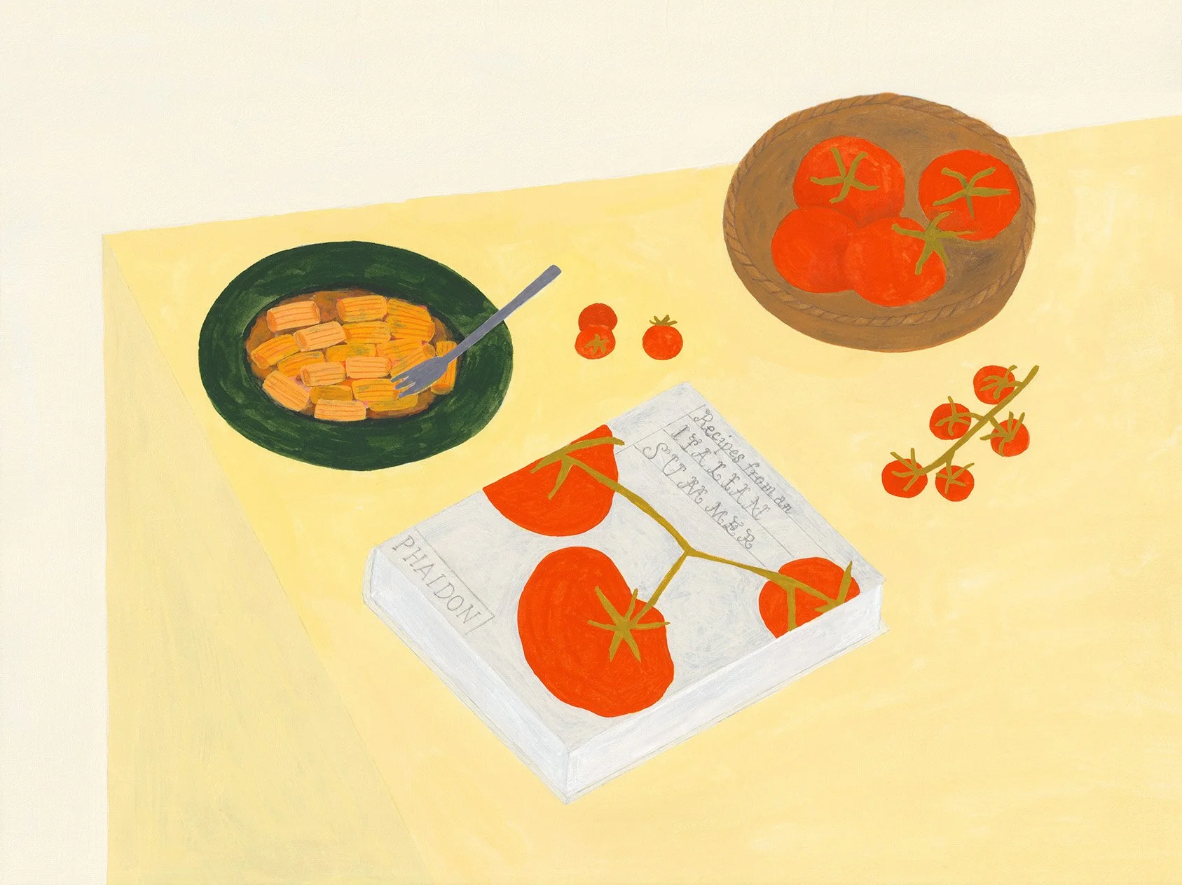 A table with a bowl of tomatoes, a bunch of cherry tomatoes on a vine, the Recipes from an Italian Summer book, and a plate of rigatoni pasta.