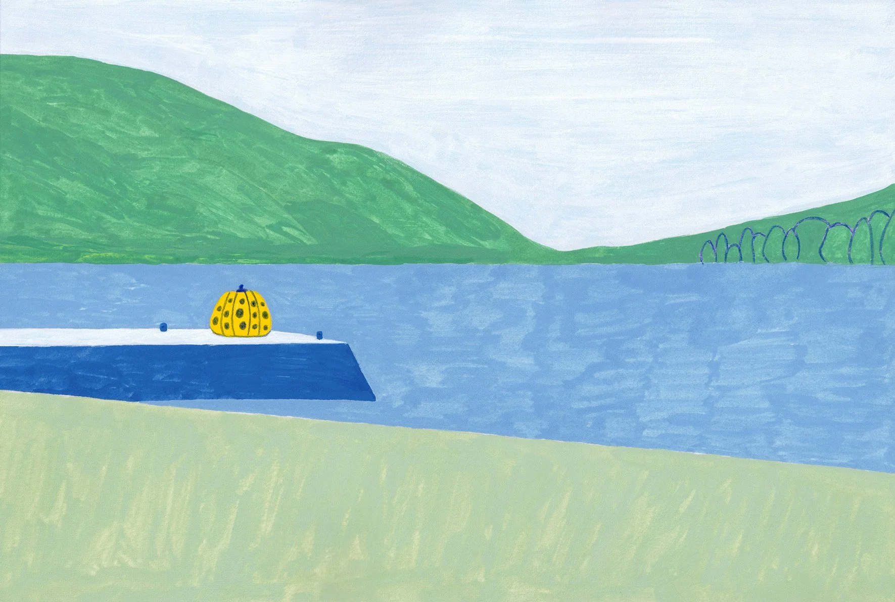 A view of Naoshima's Yellow Pumpkin on the pier surrounded by blue water under a light blue sky.