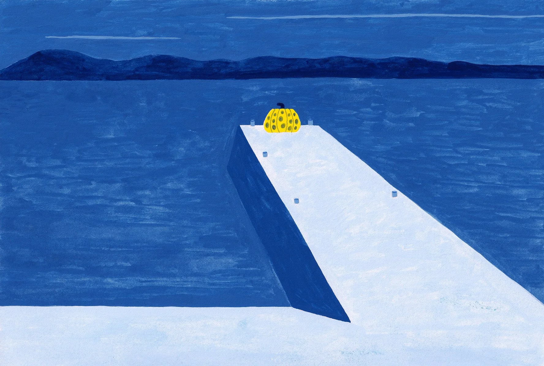 An evening view of Naoshima's Yellow Pumpkin on the pier surrounded by blue water and dark blue mountains.