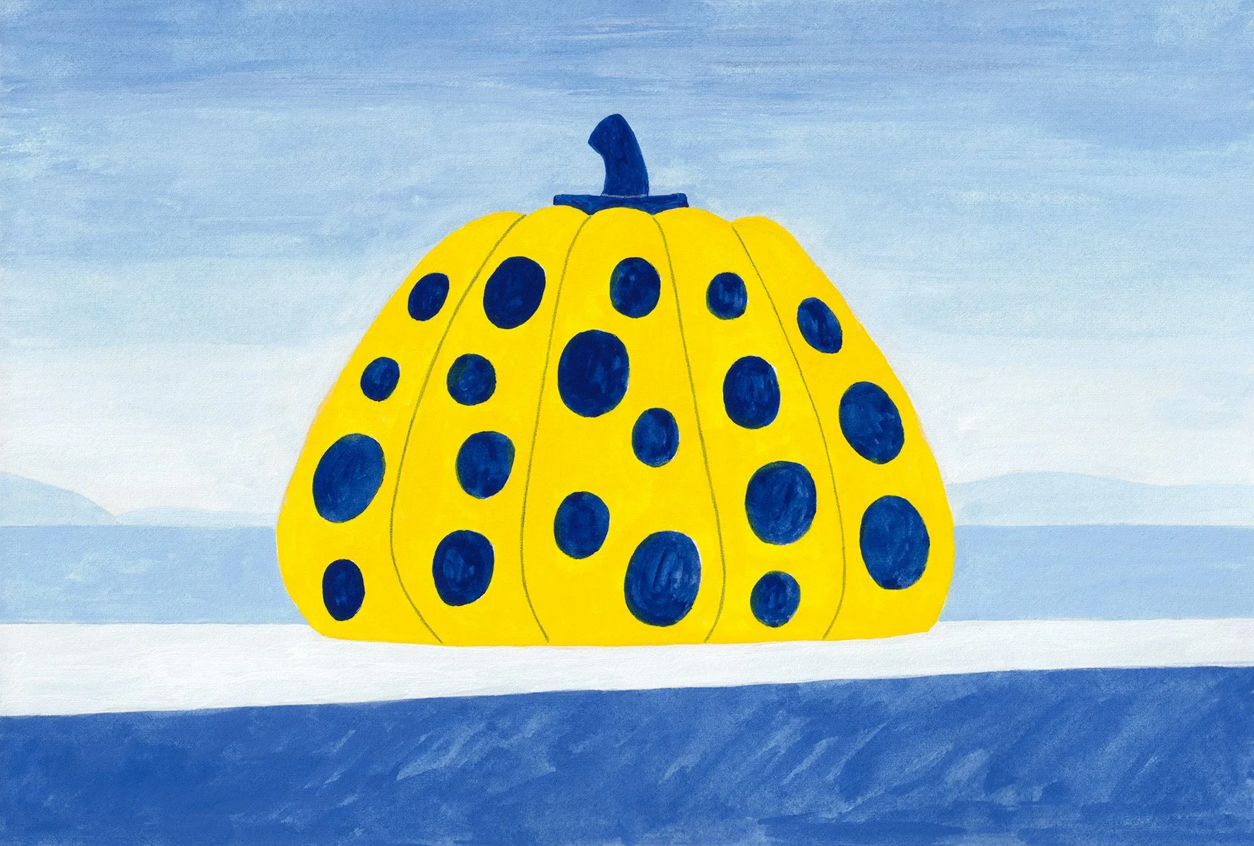 A view of Naoshima's Yellow Pumpkin on the pier surrounded by blue water and distant blue mountains under a light blue sky.