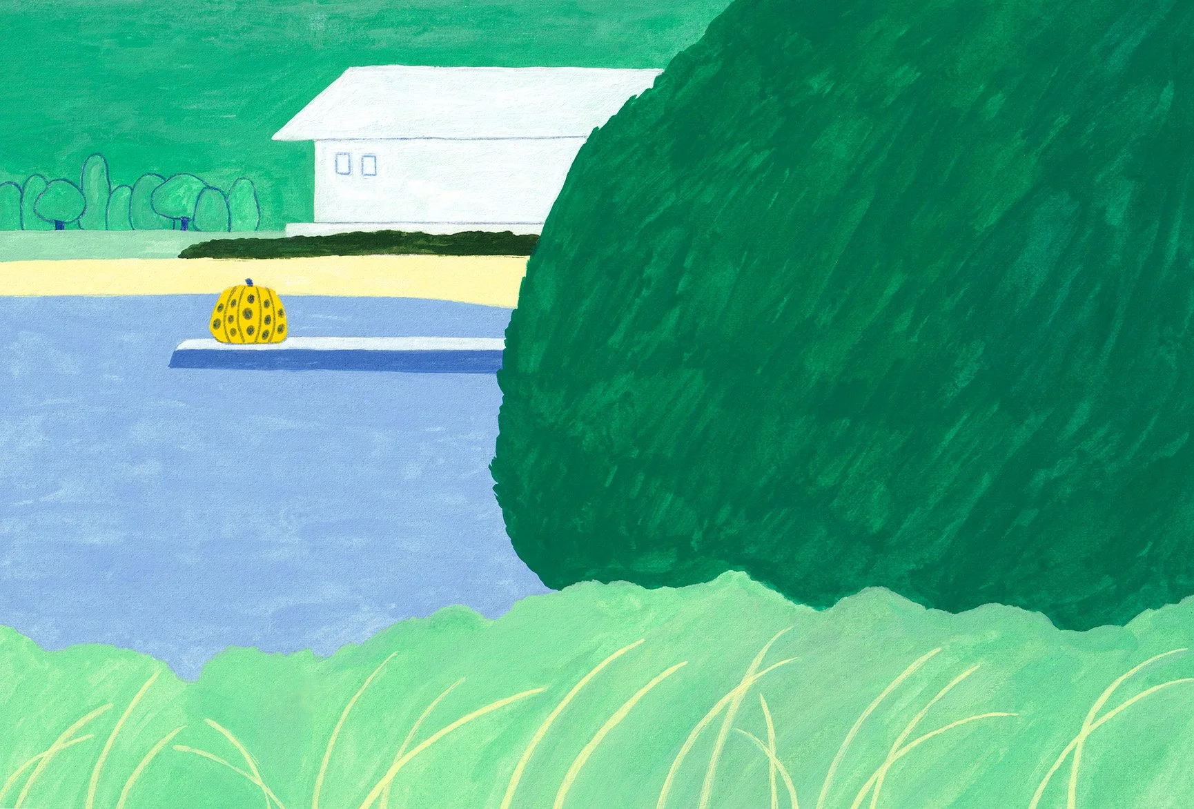 A view of Naoshima's Yellow Pumpkin on the pier. A house is near a water body, with green grass and trees in the background, and a large bush or tree on the right side. 