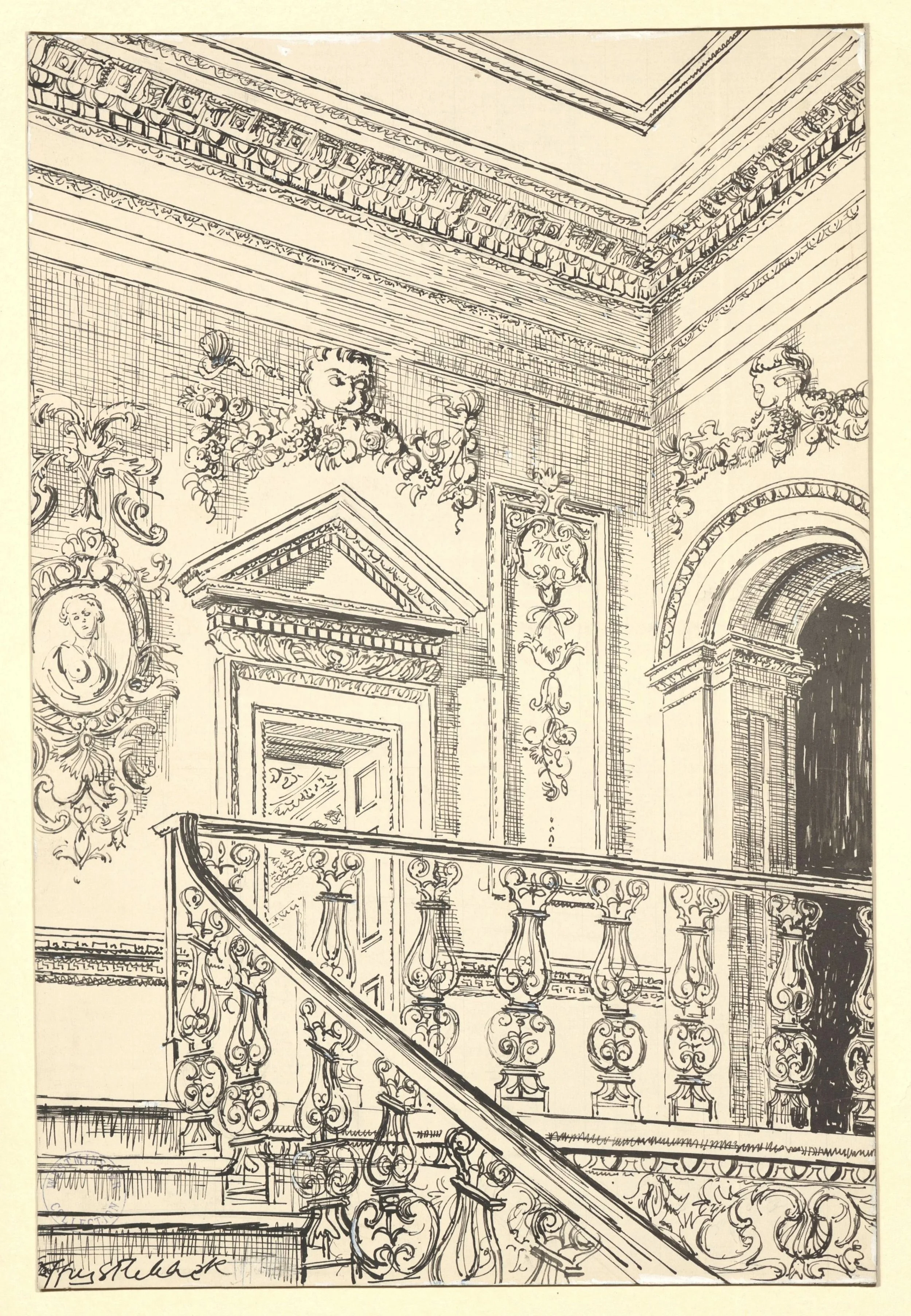 A detailed black and white ink drawing of an ornate interior with a decorated staircase, classical architectural elements, and intricate decorative moldings on the walls and ceiling.