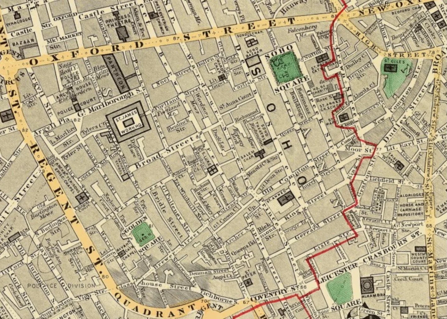 Historical map showing streets, squares, and landmarks in central London, with a red line indicating a route through the area.
